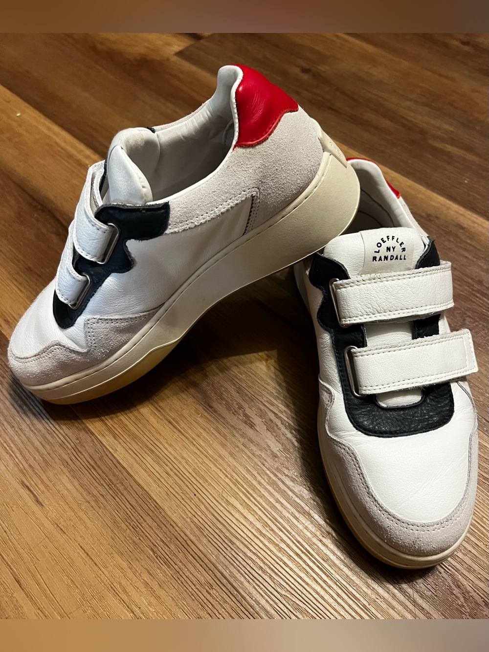 Loeffler Randall White Leather Sneakers with Black Trim and Red Heel